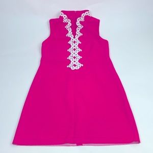 Vince Camuto Bright Pink High Collar Dress Size 8 White Scrolled Design Zip up
